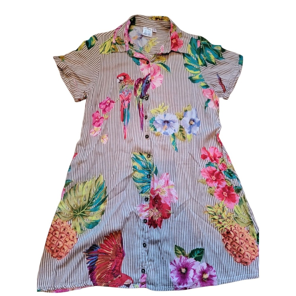 Parsley & Sage Parakeet Print Tunic Dress M Medium Button Front Casual Artsy